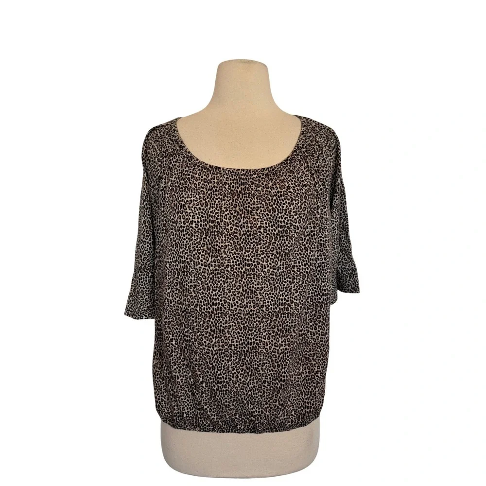 Michael Kors Womens Leopard Print Scoop Neck Bubble Hem 3/4 Sleeve Blouse Tan